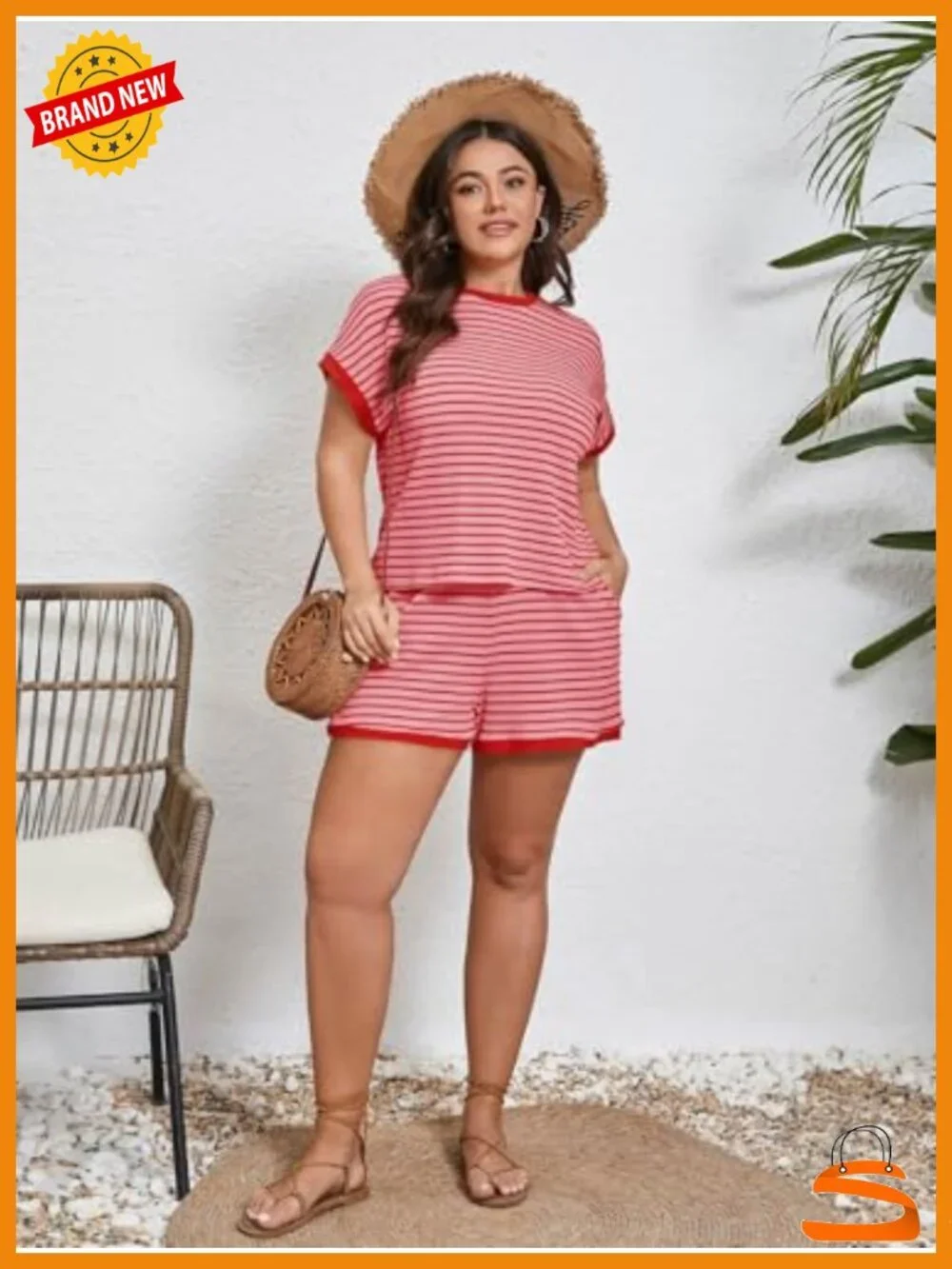 Plus Size Lounge Set 2 Piece Stripe Short Sleeve Top Shorts Summer Casual